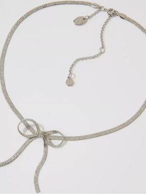 AERIE Stardust Bow Necklace Delicate Herringbone Style Silver Colored Chain
